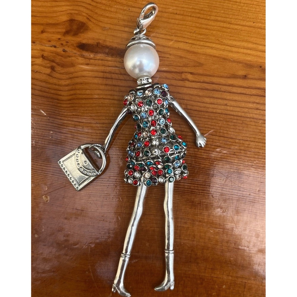 Bead People Charm Rhinestone Silver Dress Purse Movable Bag Charm Keychain
